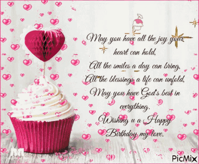 a birthday card with a pink cupcake and hearts