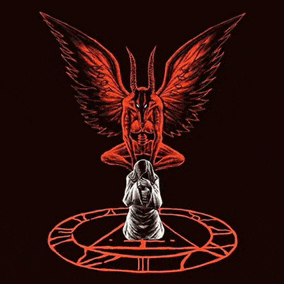 a drawing of a devil sitting on top of a man kneeling in a circle