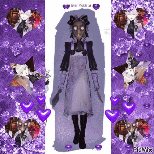 a picture of a woman with a mask and a knife is surrounded by purple hearts and flowers
