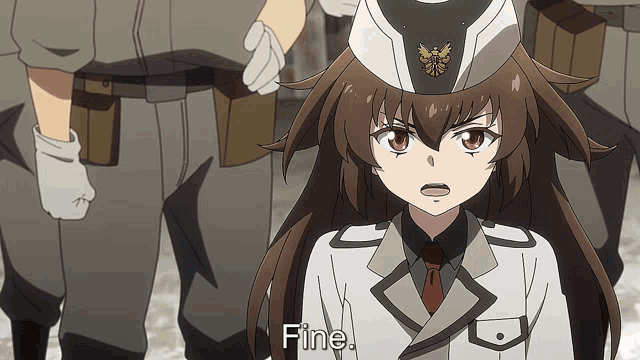 a girl in a uniform says fine in front of a group of soldiers