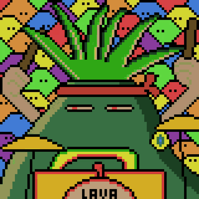 a pixel art drawing of a man with a mustache and a sign that says lava on it