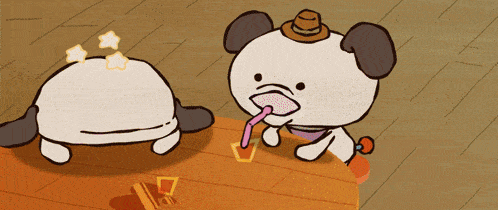 a cartoon dog wearing a hat is sticking its tongue out at another dog