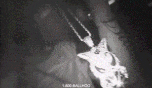 a black and white photo of a person wearing a necklace with a wolf head pendant