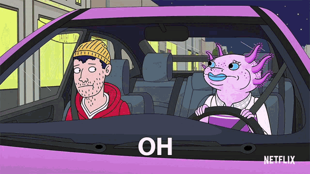 a cartoon of a man and a pink axolotl in a purple car with the words oh on the windshield