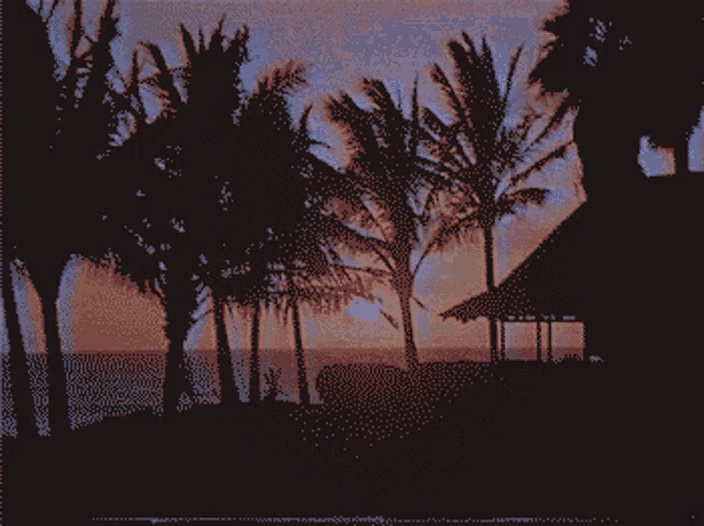 a pixel art of a sunset with palm trees