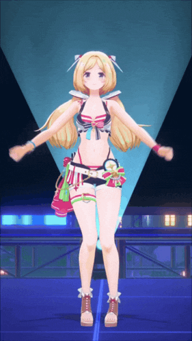 a girl in a bikini and shorts is standing on a stage