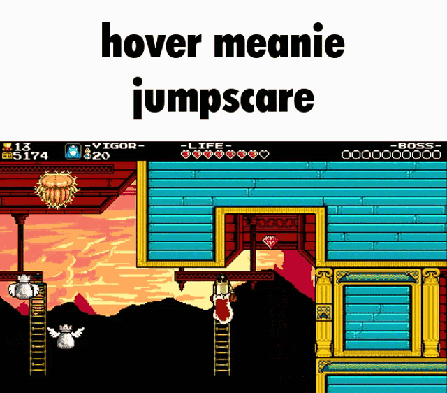 a screenshot of a video game with the words hover meanie jumpscare