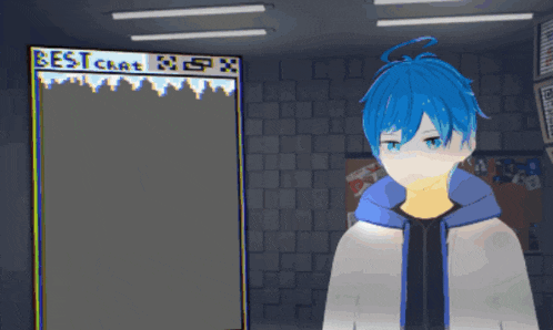 a blue haired anime character is standing in front of a sign that says best chat