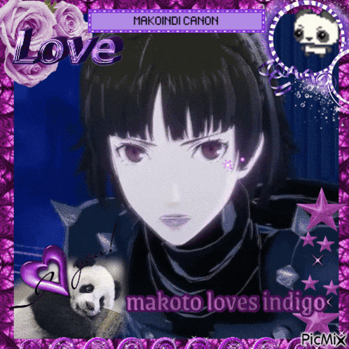 a picture of a girl with the words love makoto loves indigo at the top