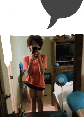 a person taking a selfie in front of a mirror with a speech bubble above them