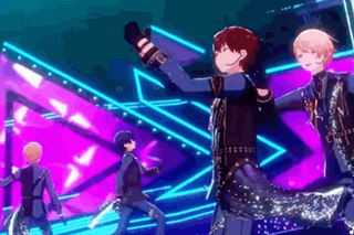 a group of anime characters are dancing on a stage with purple lights .