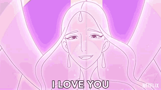 a cartoon of a woman saying i love you in front of a purple background