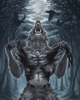 a painting of a werewolf with its mouth open in a dark forest