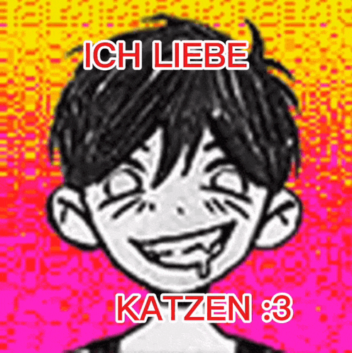 a black and white drawing of a boy with the words ich liebe katzen 3 on it