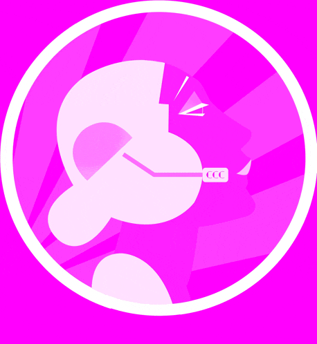 a pink circle with a white silhouette of a person wearing glasses with the letters ccc on them