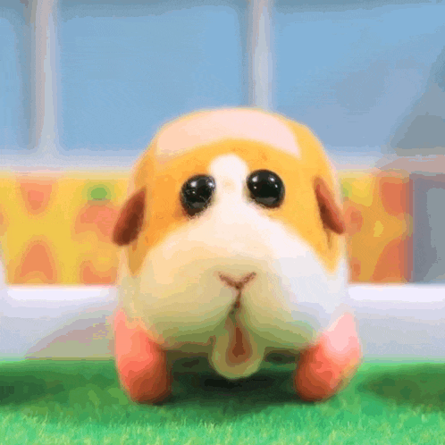 a stuffed guinea pig is walking on a green field .