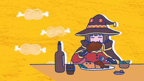 a cartoon illustration of a witch eating a meal