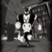 a black and white photo of a cartoon character running in a library .