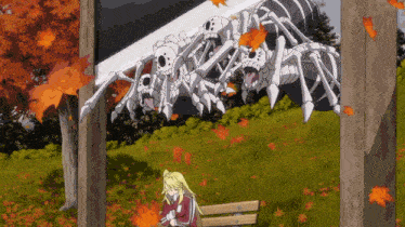 a girl sits on a bench in front of a giant skeleton spider
