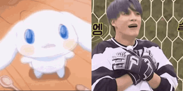 a picture of a cartoon character and a picture of a person wearing gloves .