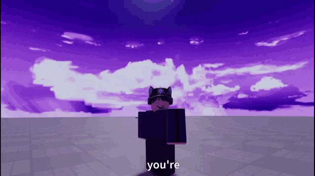 a cartoon character says you 're in front of a purple cloudy sky