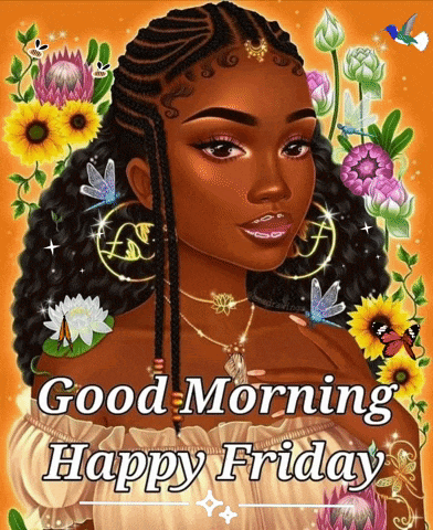 a picture of a woman with the words good morning happy friday on it
