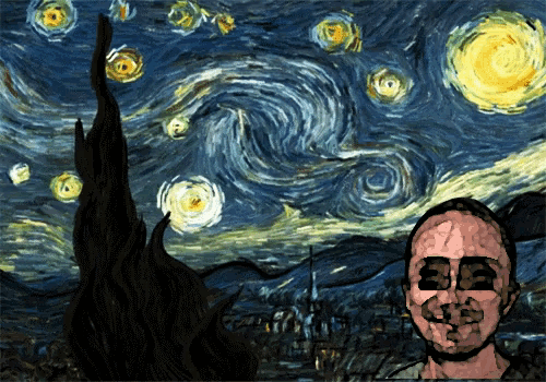 a starry night painting with a silhouette of a person