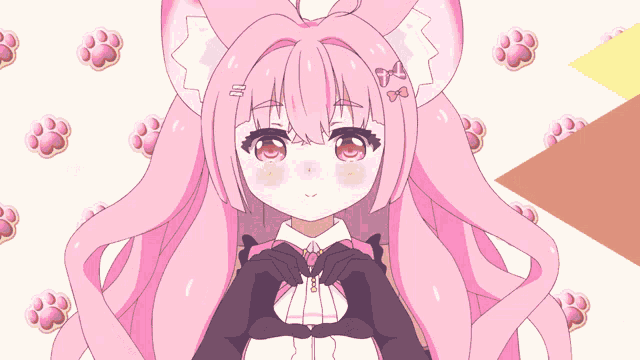 a girl with pink hair and paw prints on her background
