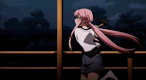 a girl with pink hair is standing next to a white and green object with an eye on it