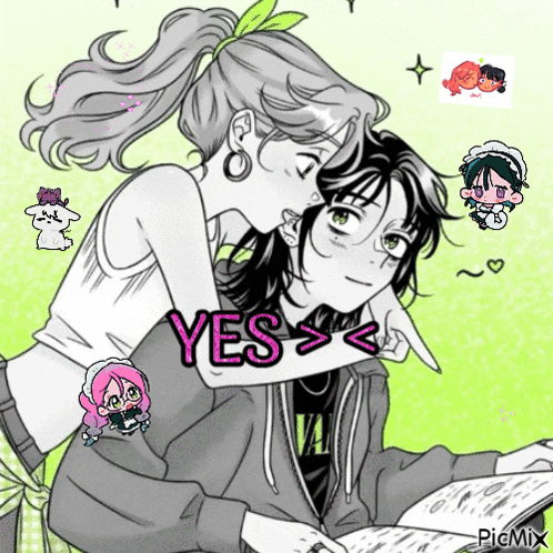 a black and white drawing of a girl hugging a boy with the word yes written on the bottom