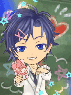 a cartoon character with blue hair is holding a card with a hello kitty on it