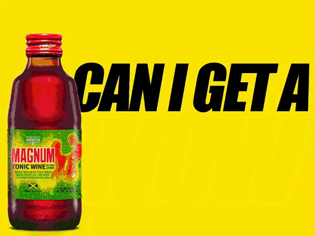 a bottle of magnum tonic wine sits next to a can i get a wow sign