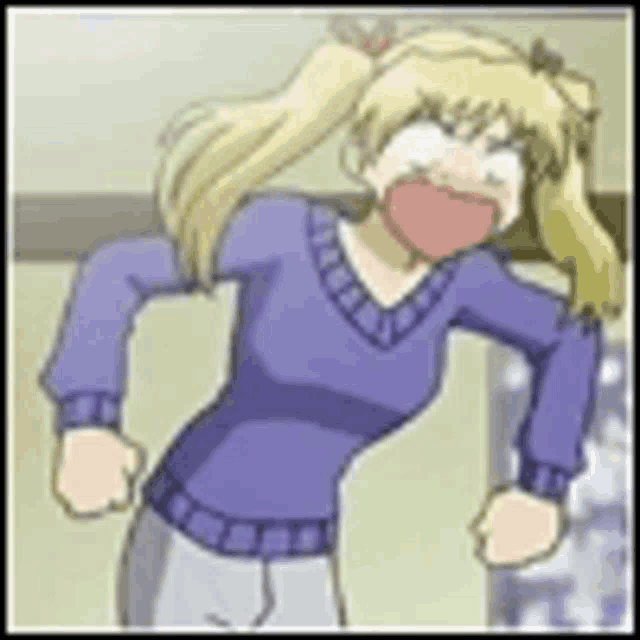 a cartoon girl is making a funny face while wearing a purple sweater .