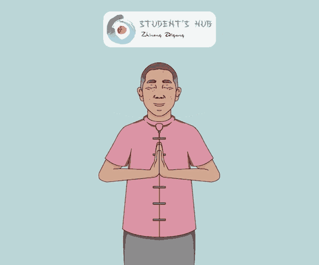 a man in a pink shirt with his arms outstretched and the words strengthen the qi field above him