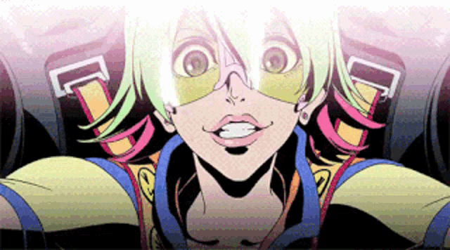 a close up of a cartoon character wearing a helmet and goggles