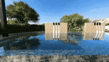 a swimming pool with trees in the background