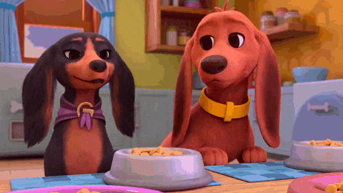 two cartoon dogs are sitting next to each other with bowls of food in front of them