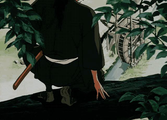 a man with a sword is kneeling down in front of a water mill