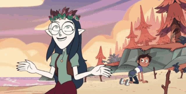 a cartoon of a girl with glasses and a flower crown on her head