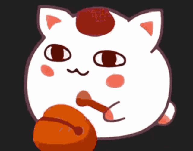 a white cat with a red circle on its head is holding an orange bell