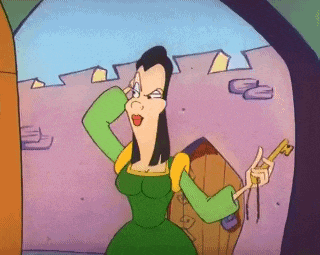 a cartoon woman is holding a key in her hand .