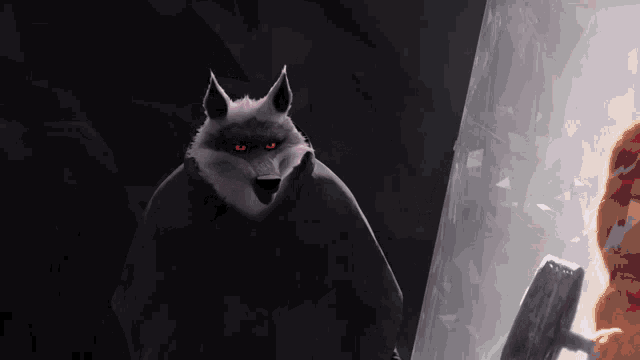 a cartoon drawing of a wolf with red eyes and a hammer