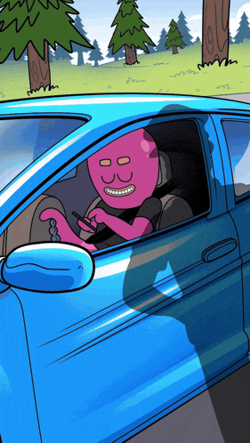 a cartoon drawing of a person driving a car
