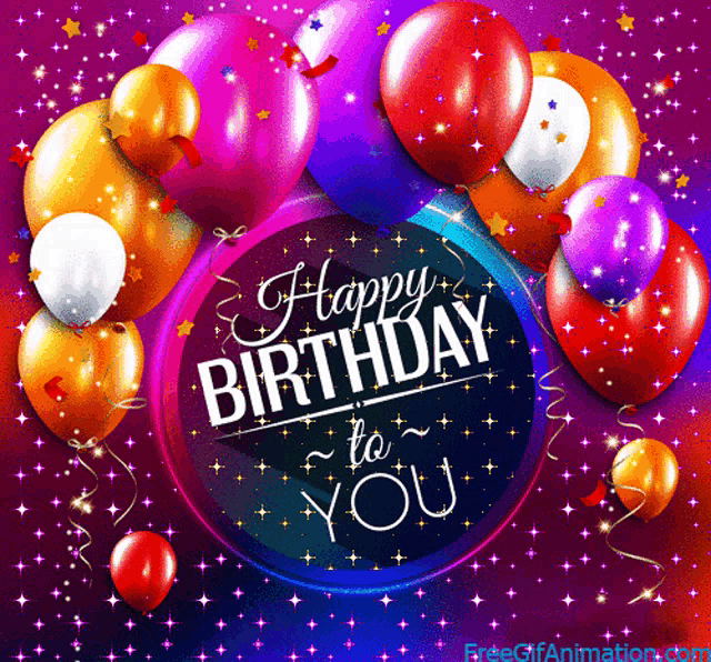 a happy birthday to you card with balloons and confetti