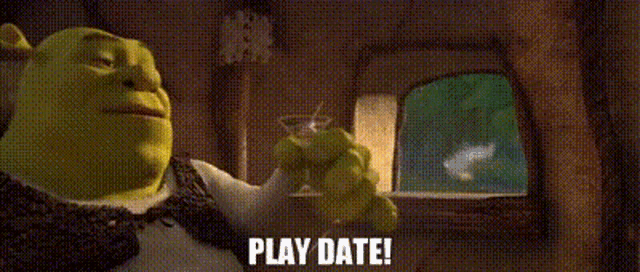 shrek is talking to a rabbit in a room and saying `` play date '' .