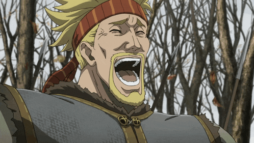 a man with a beard and a scarf around his head is screaming with his mouth open