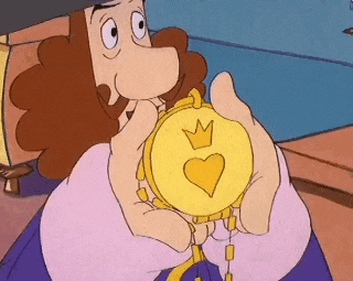 a cartoon character is holding a gold coin with a heart and a crown on it