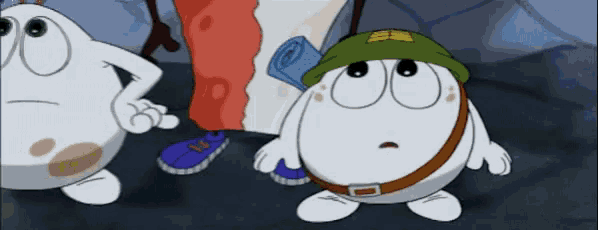 a cartoon character is wearing a green hat and a brown belt