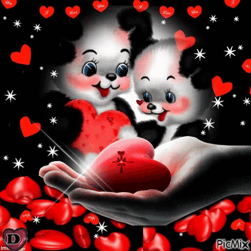 a hand holding a red heart with a cross on it in front of two panda bears