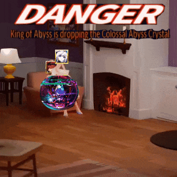 a living room with a fireplace and a sign that says danger king of abyss is dropping the colosal abyss crystal